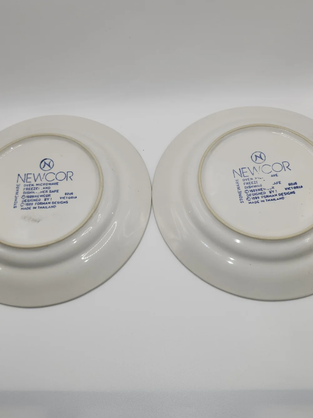 2Vtg Newcor Victoria Stoneware salad/dessert Plates 6026 Blue Ribbon Floral 1989